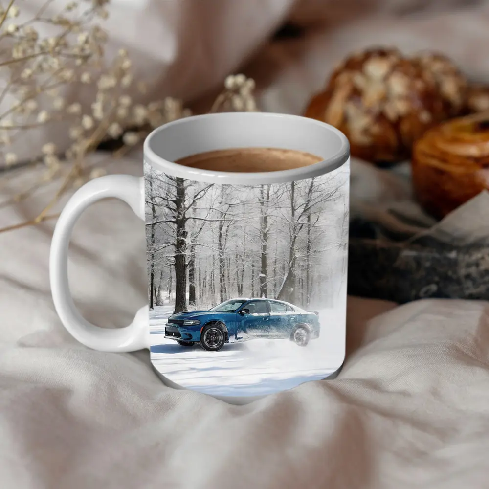 Dodge Charger Drifting Through Snowy Winter Forest – Mugs
