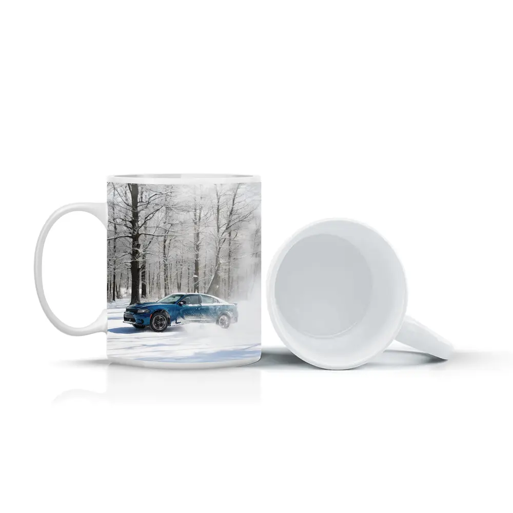 Dodge Charger Drifting Through Snowy Winter Forest – Mugs