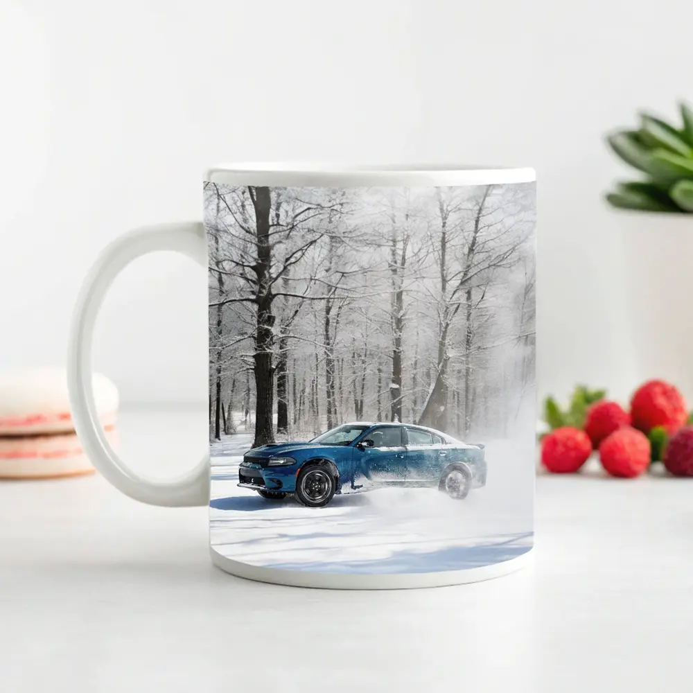 Dodge Charger Drifting Through Snowy Winter Forest – Mugs