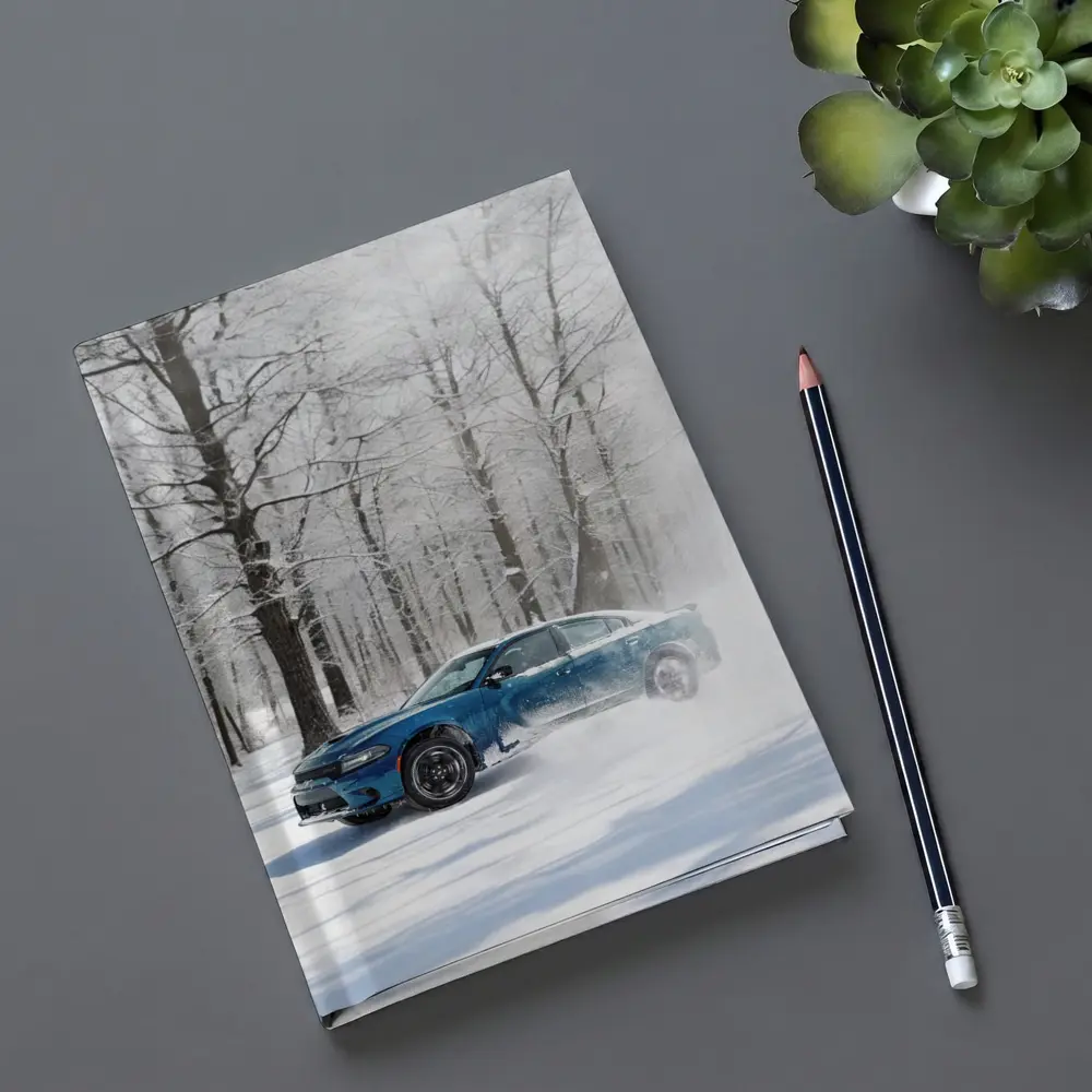 Dodge Charger Drifting Through Snowy Winter Forest – Notebooks