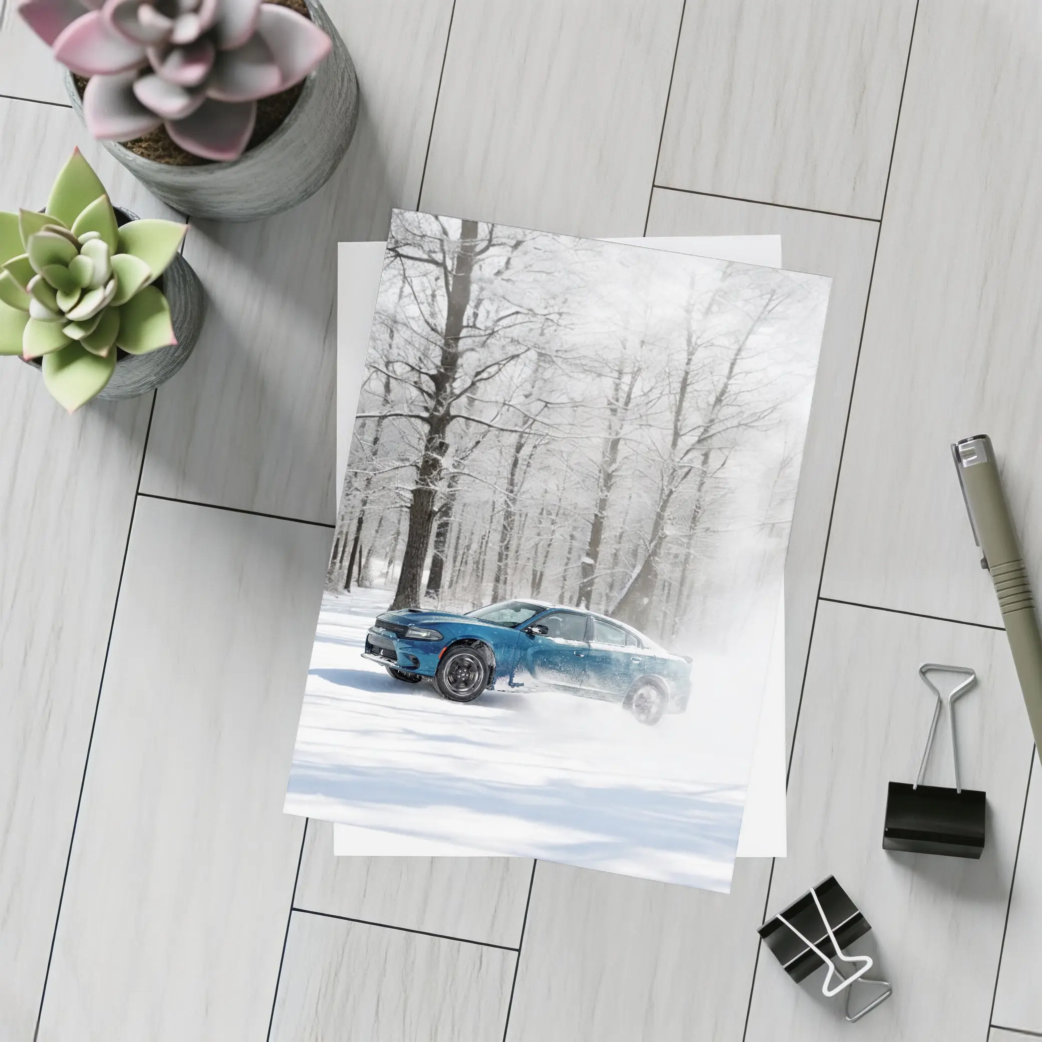 Dodge Charger Drifting Through Snowy Winter Forest – Postcards
