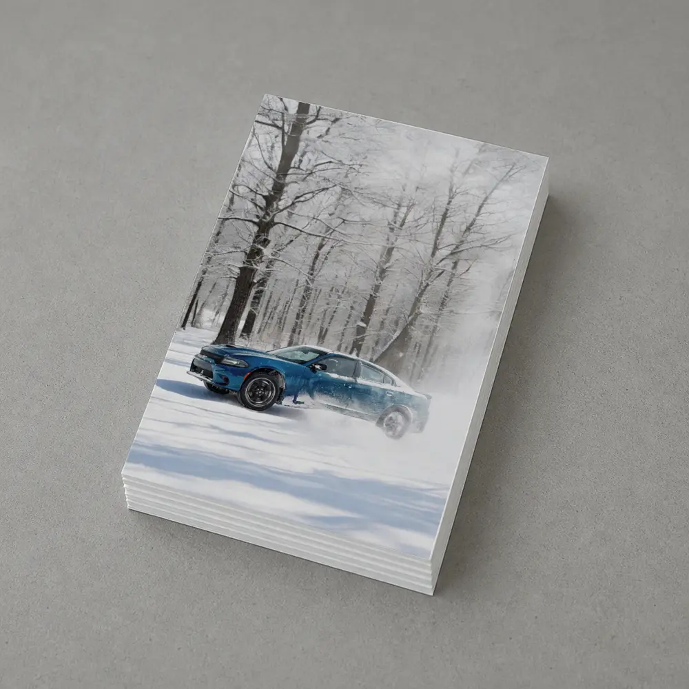 Dodge Charger Drifting Through Snowy Winter Forest – Postcards