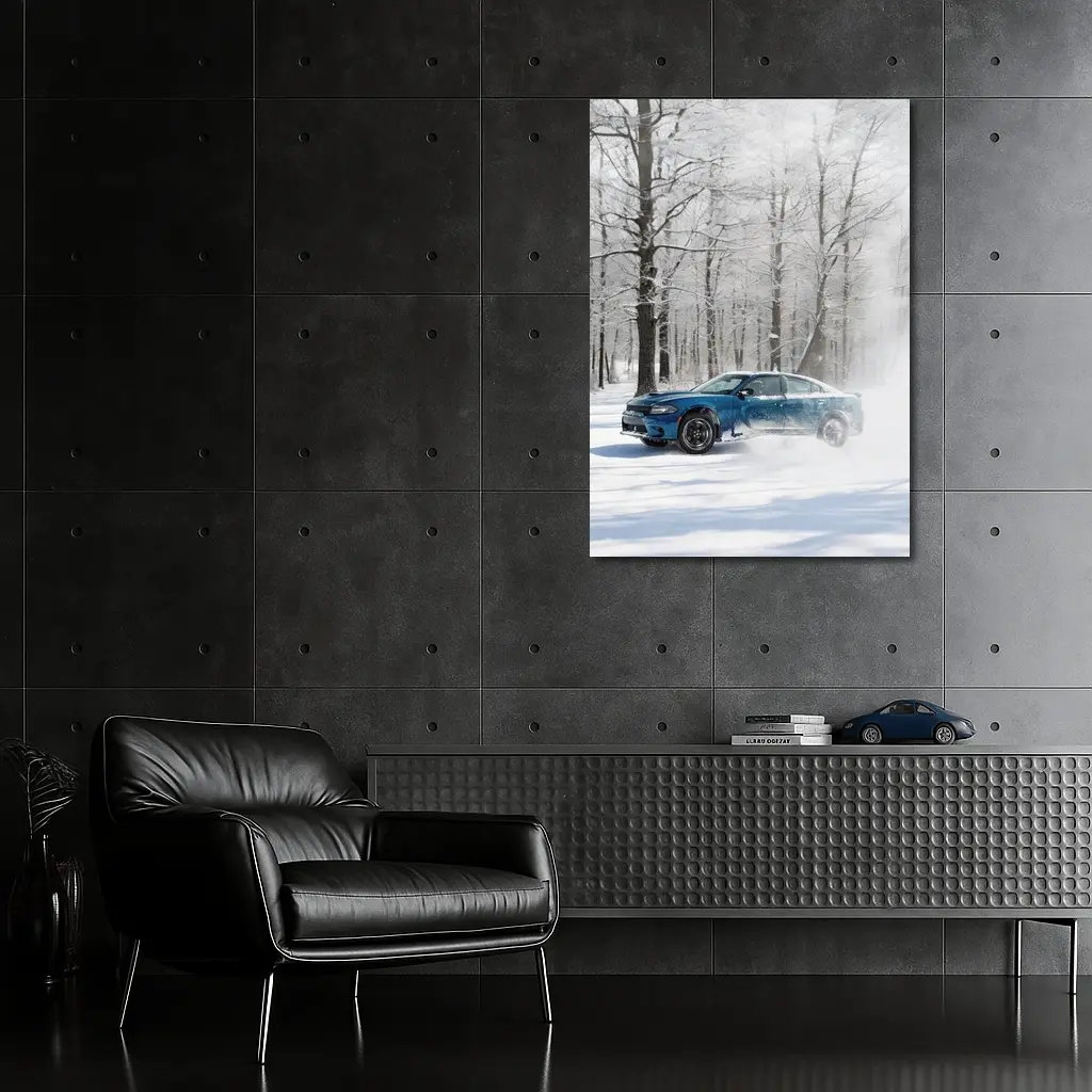 Dodge Charger Drifting Through Snowy Winter Forest – Wall Art