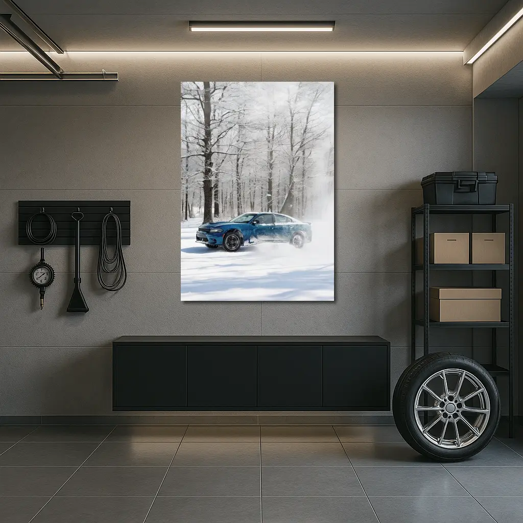Dodge Charger Drifting Through Snowy Winter Forest – Wall Art