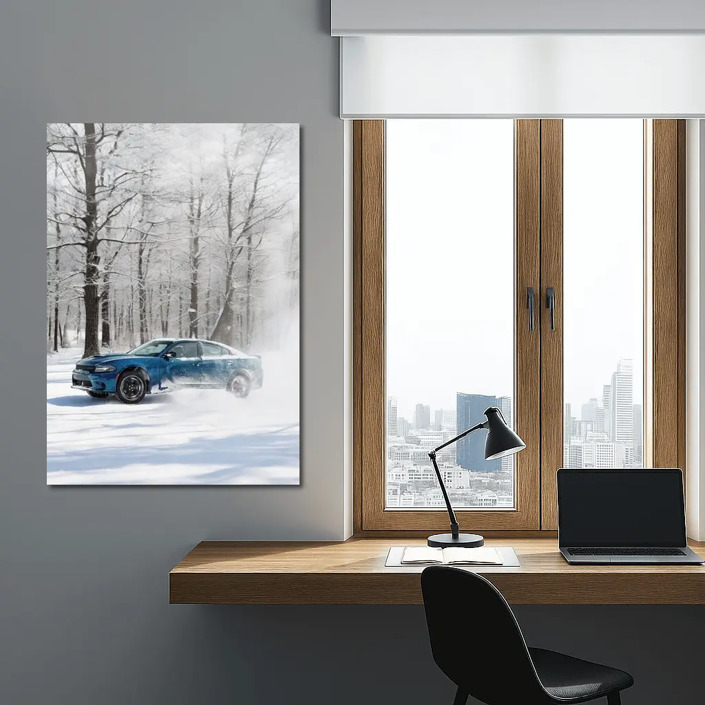 Dodge Charger Drifting Through Snowy Winter Forest – Wall Art