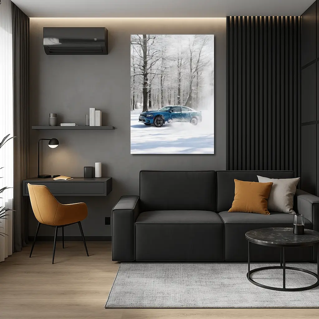 Dodge Charger Drifting Through Snowy Winter Forest – Wall Art