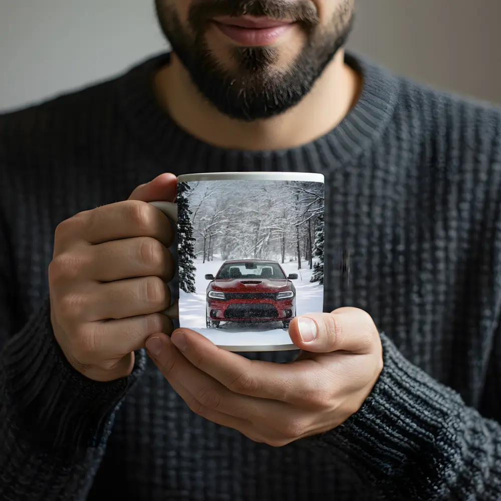 Dodge Charger Red Muscle Car Winter Snow – Mugs