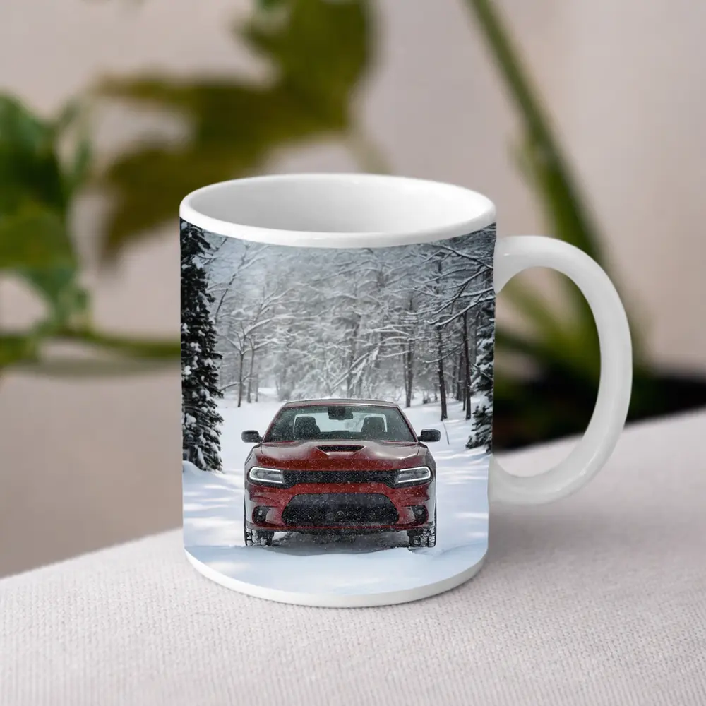 Dodge Charger Red Muscle Car Winter Snow – Mugs