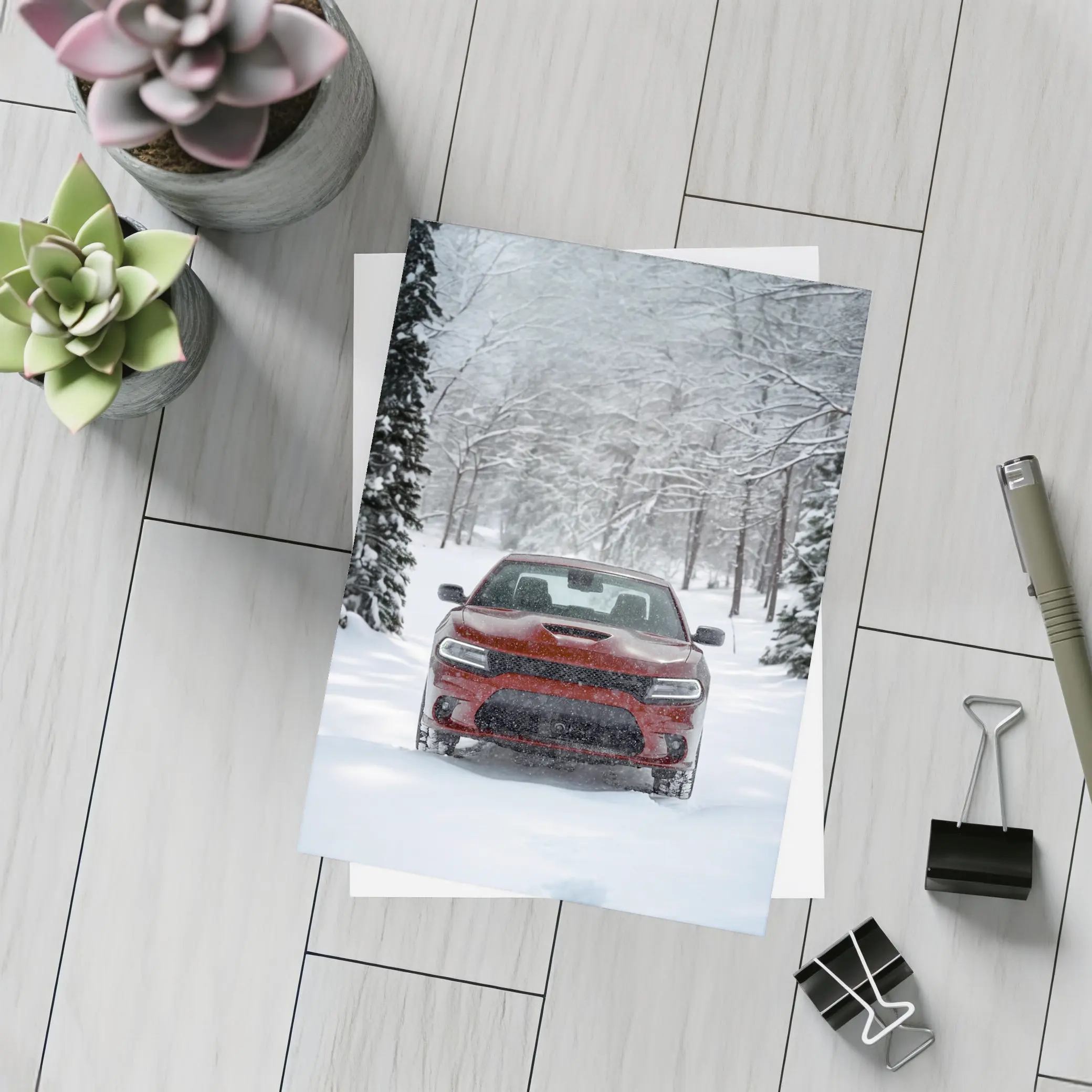 Dodge Charger Red Muscle Car Winter Snow – Postcards