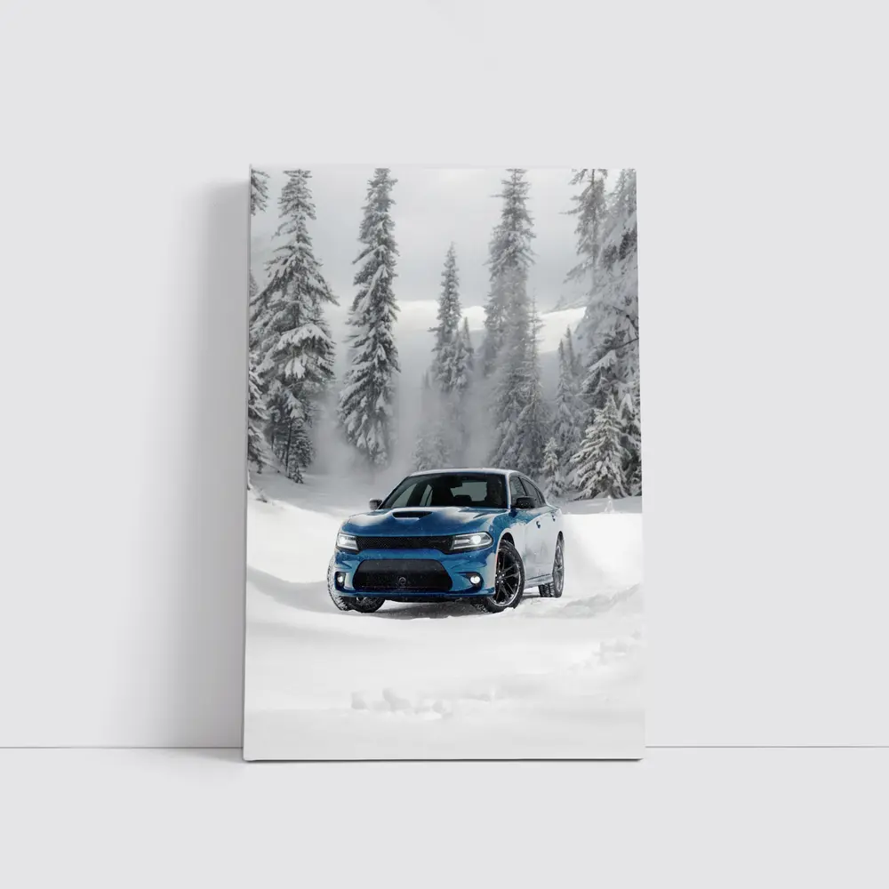 Dodge Charger Blue Muscle Car Snowy Forest – Wall Art