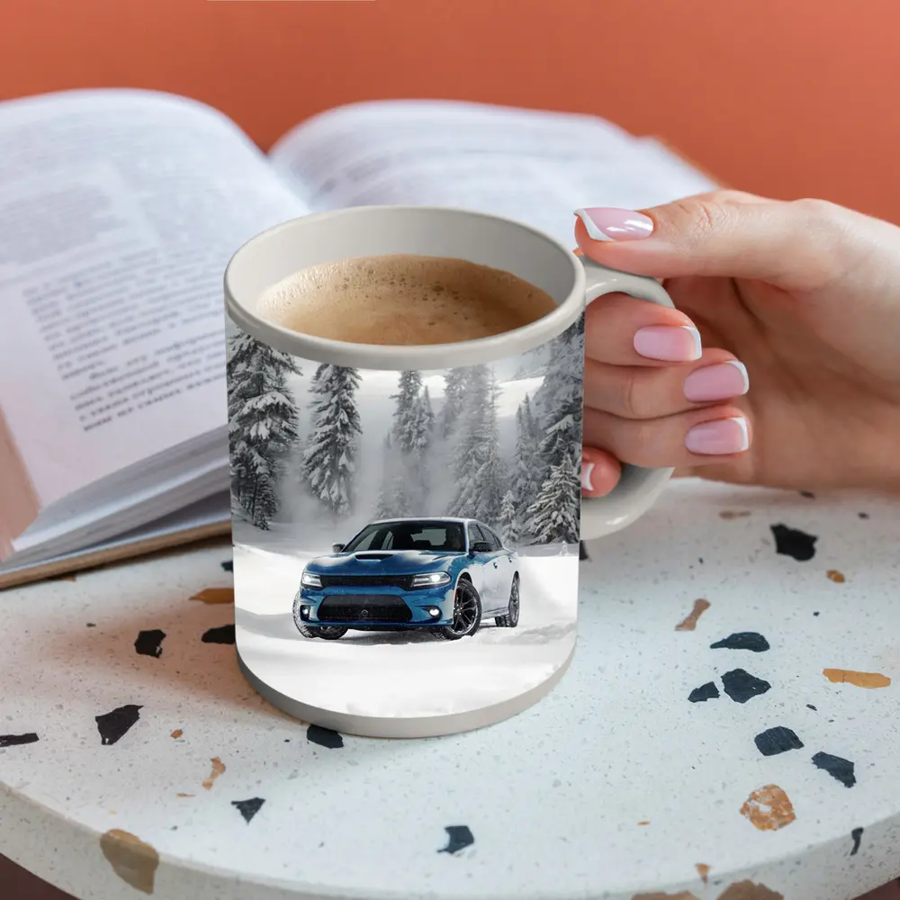Dodge Charger Blue Muscle Car Snowy Forest – Mugs