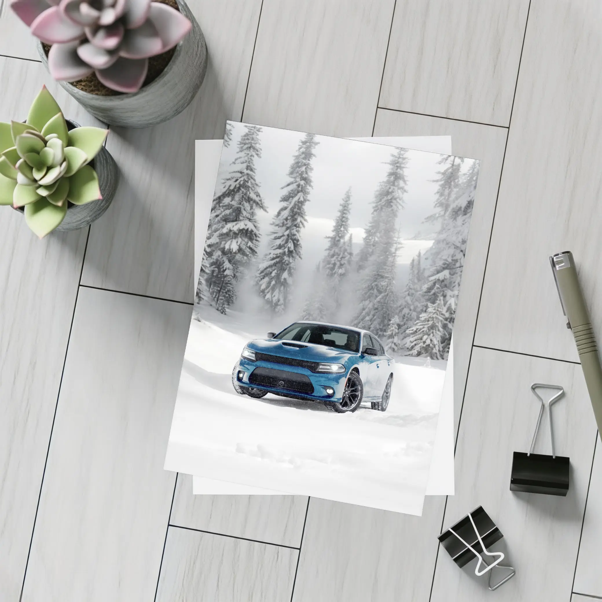 Dodge Charger Blue Muscle Car Snowy Forest – Postcards