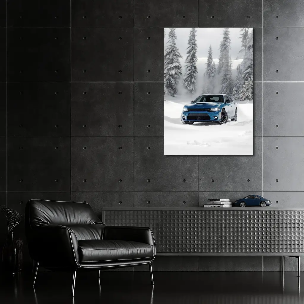 Dodge Charger Blue Muscle Car Snowy Forest – Wall Art