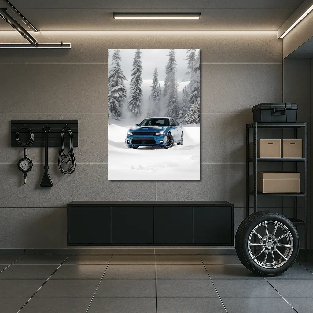Dodge Charger Blue Muscle Car Snowy Forest – Wall Art