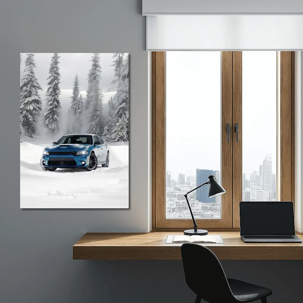 Dodge Charger Blue Muscle Car Snowy Forest – Wall Art