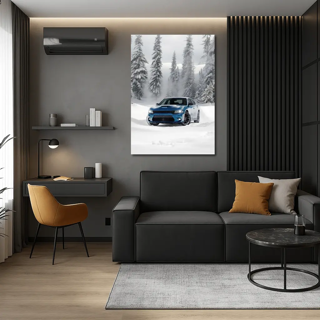 Dodge Charger Blue Muscle Car Snowy Forest – Wall Art
