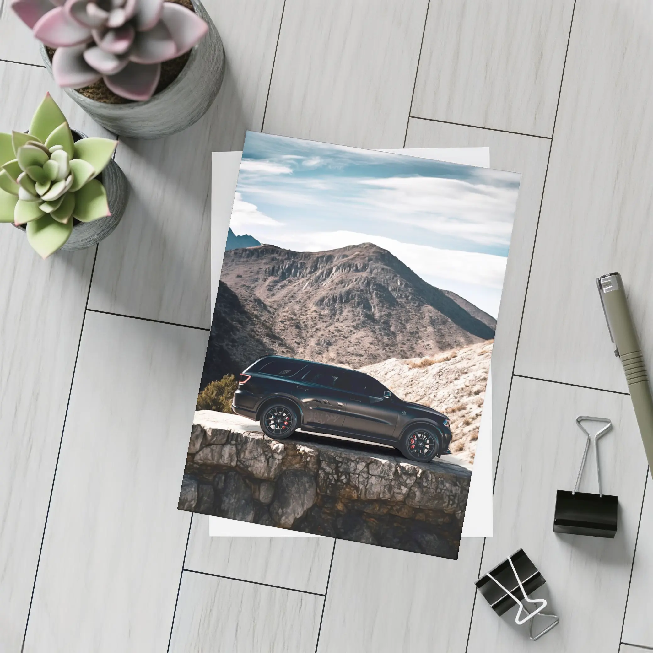 Dodge Durango Black SUV Mountain Background – Postcards