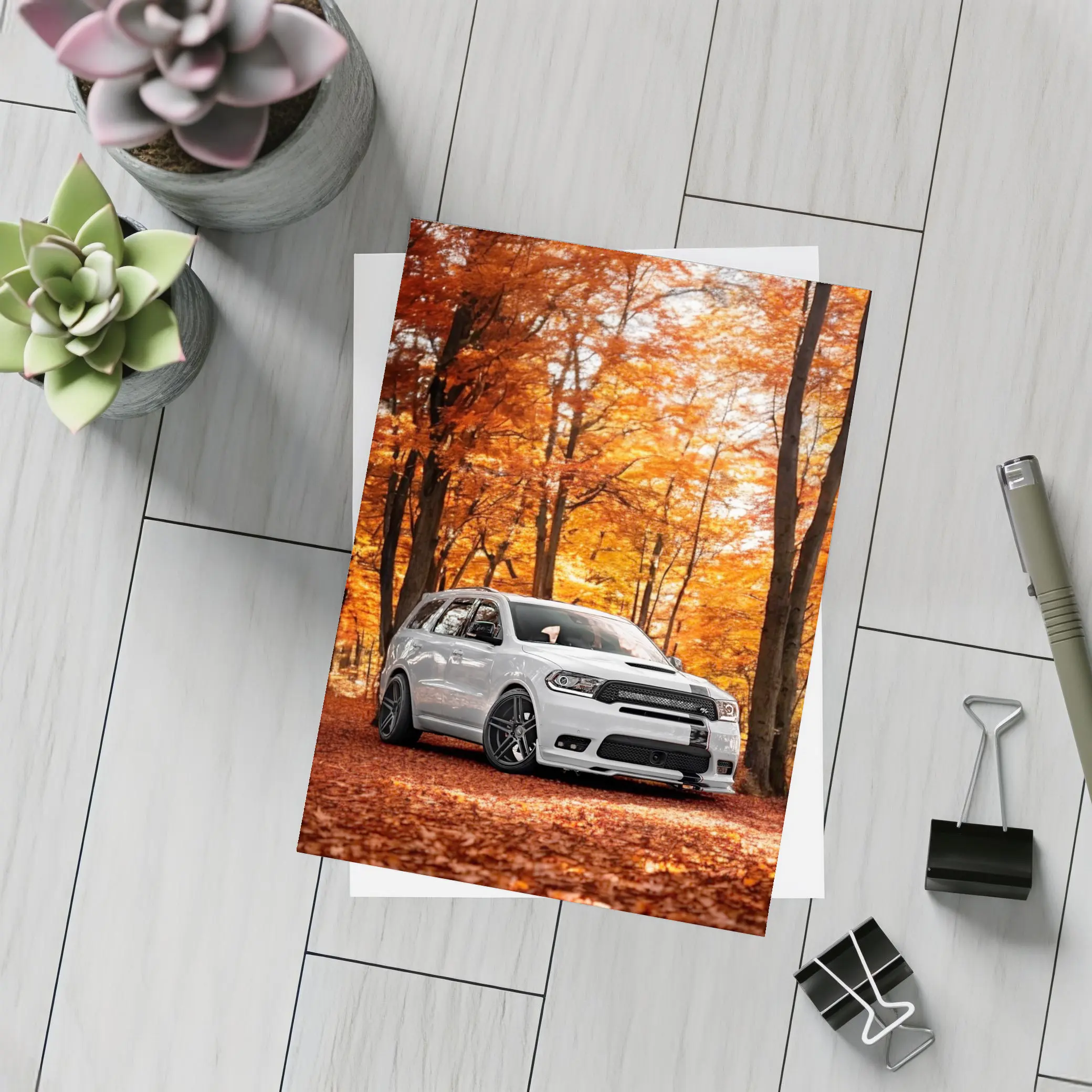 Dodge Durango White SUV Autumn Forest – Postcards