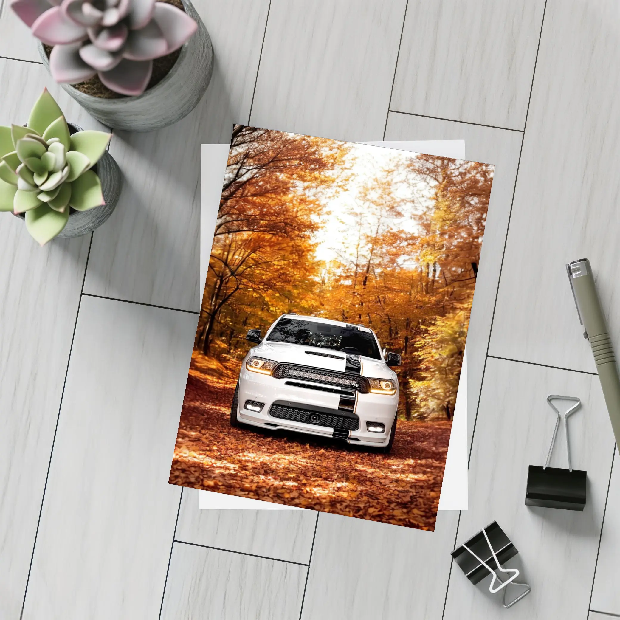 Dodge Durango White SUV Autumn Forest – Postcards