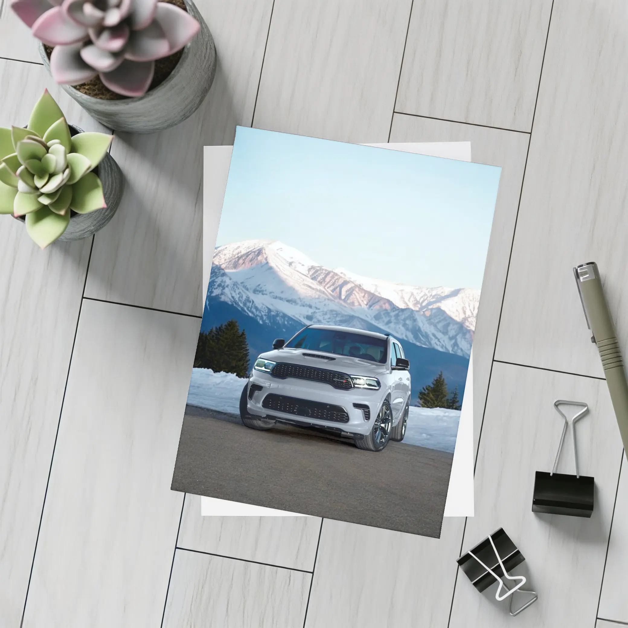Dodge Durango White SUV Snow Mountains – Postcards