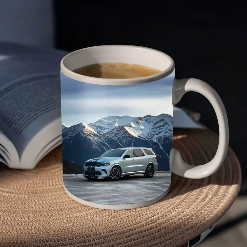 Dodge Durango Silver SUV Snowy Mountain Backdrop – Mugs