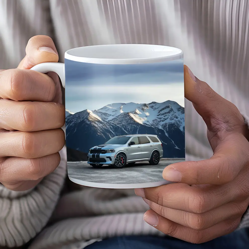 Dodge Durango Silver SUV Snowy Mountain Backdrop – Mugs