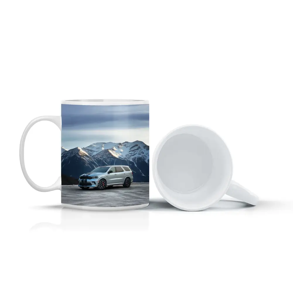 Dodge Durango Silver SUV Snowy Mountain Backdrop – Mugs