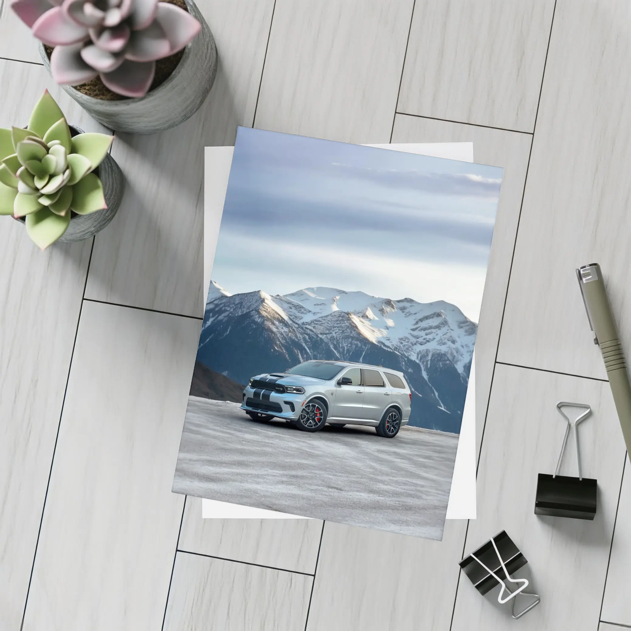 Dodge Durango Silver SUV Snowy Mountain Backdrop – Postcards