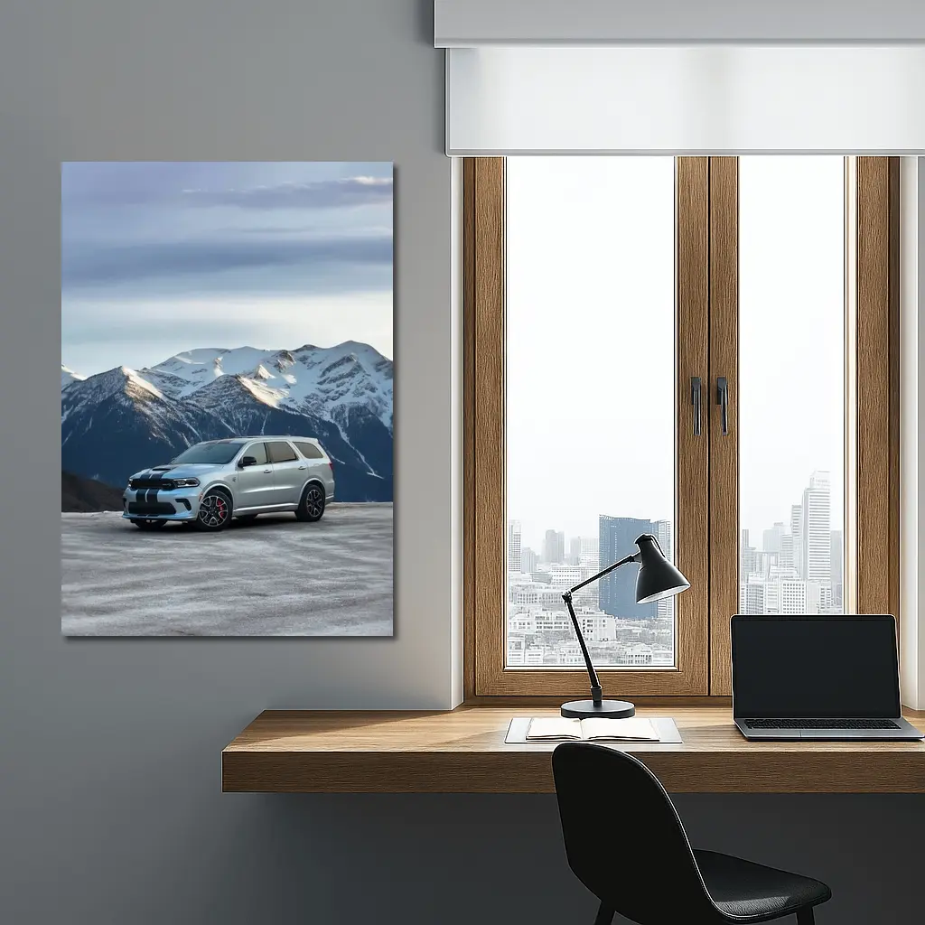 Dodge Durango Silver SUV Snowy Mountain Backdrop – Wall Art