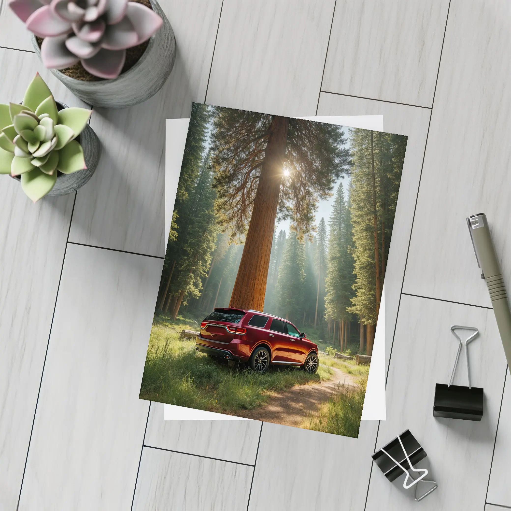 Dodge Durango Red SUV Forest Setting – Postcards