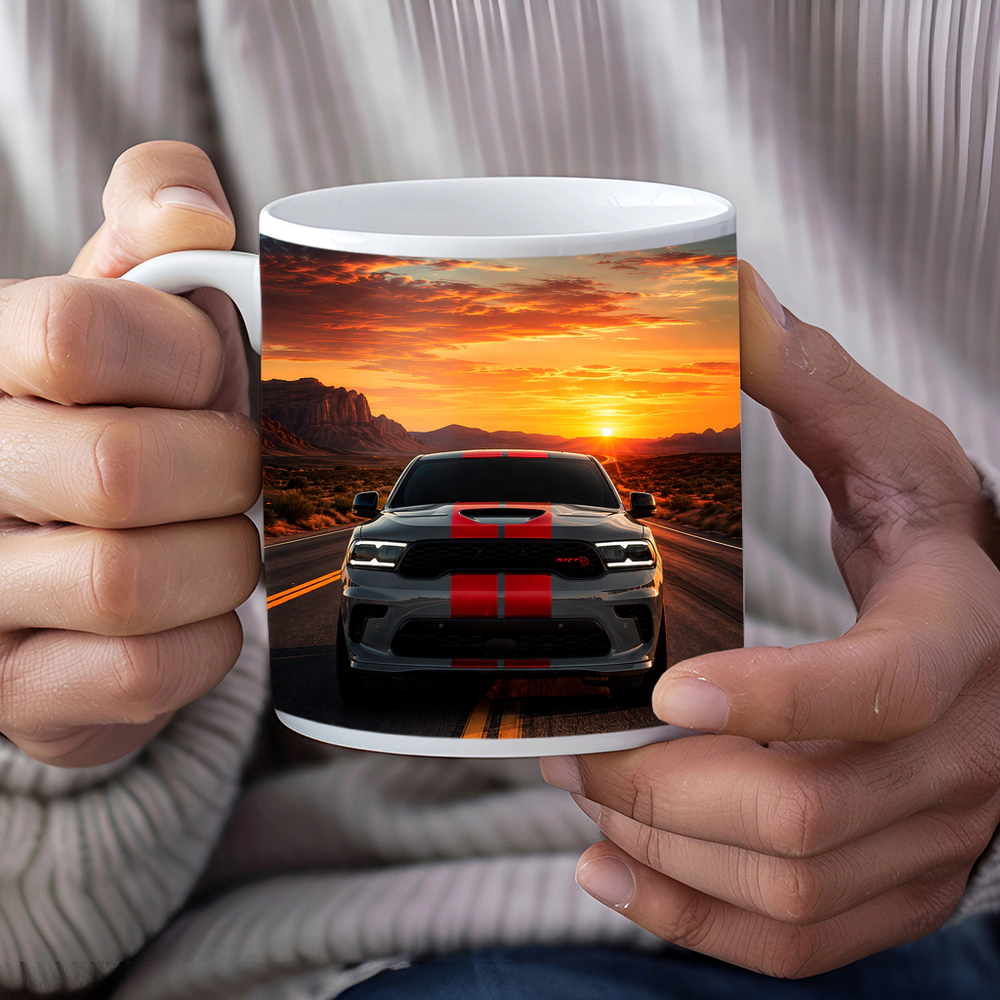Dodge Durango Racing Down Road At Sunset – Mugs