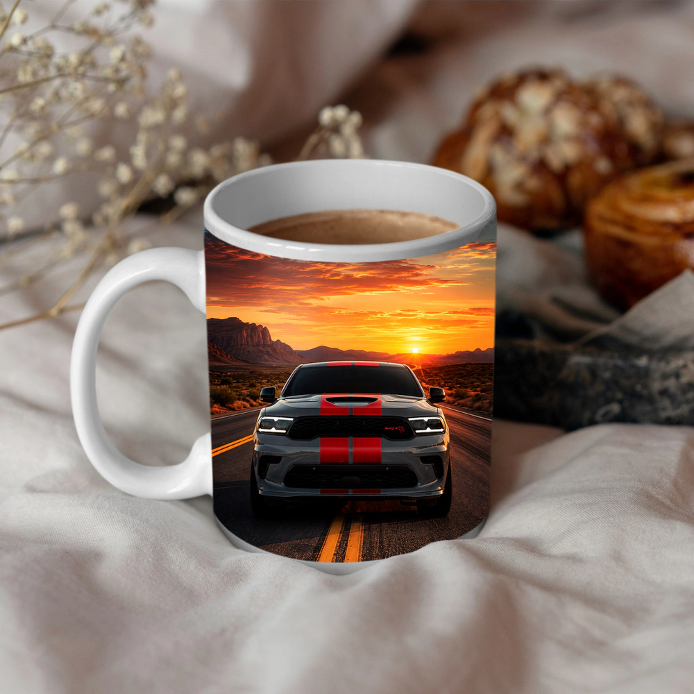 Dodge Durango Racing Down Road At Sunset – Mugs