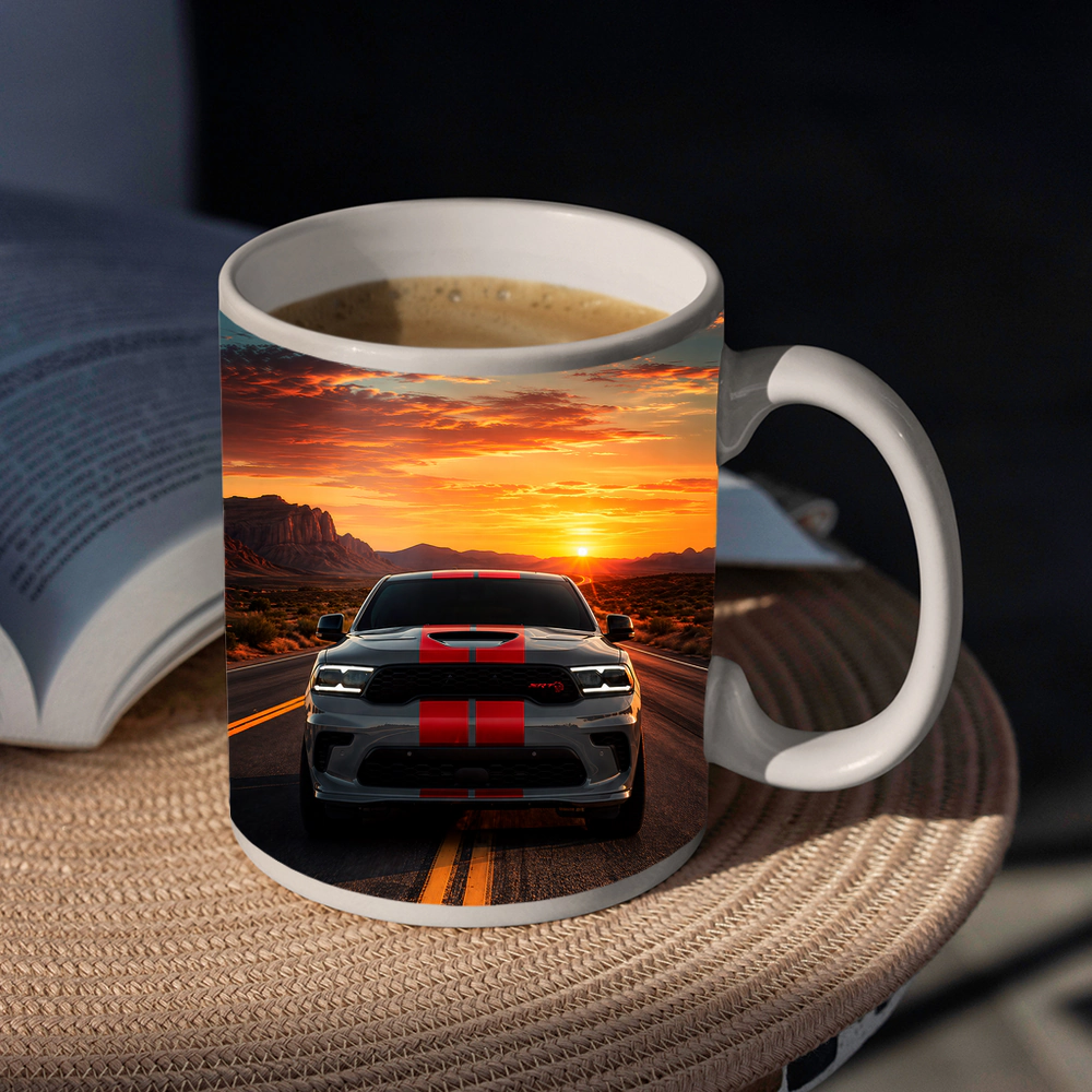 Dodge Durango Racing Down Road At Sunset – Mugs