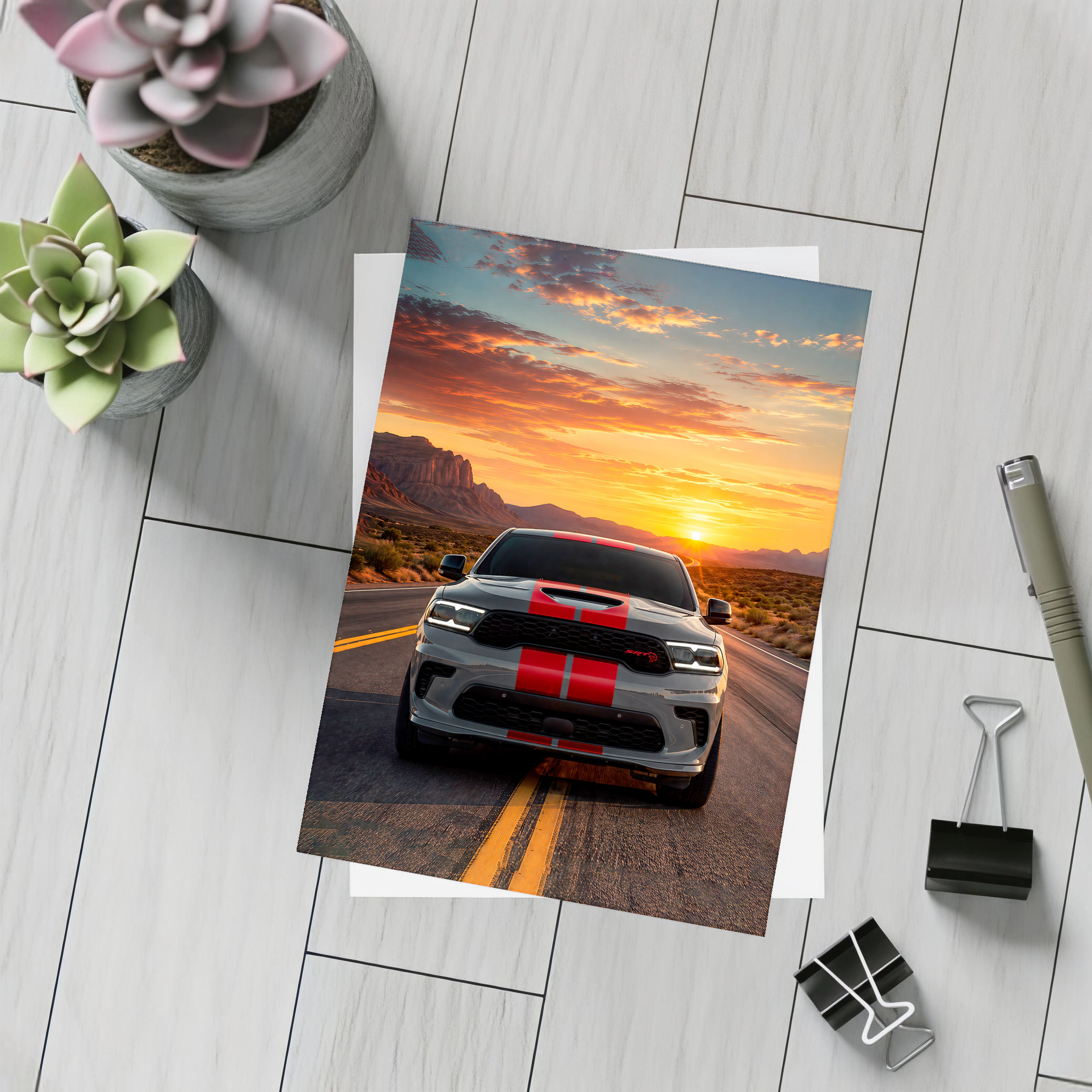 Dodge Durango Racing Down Road At Sunset – Postcards