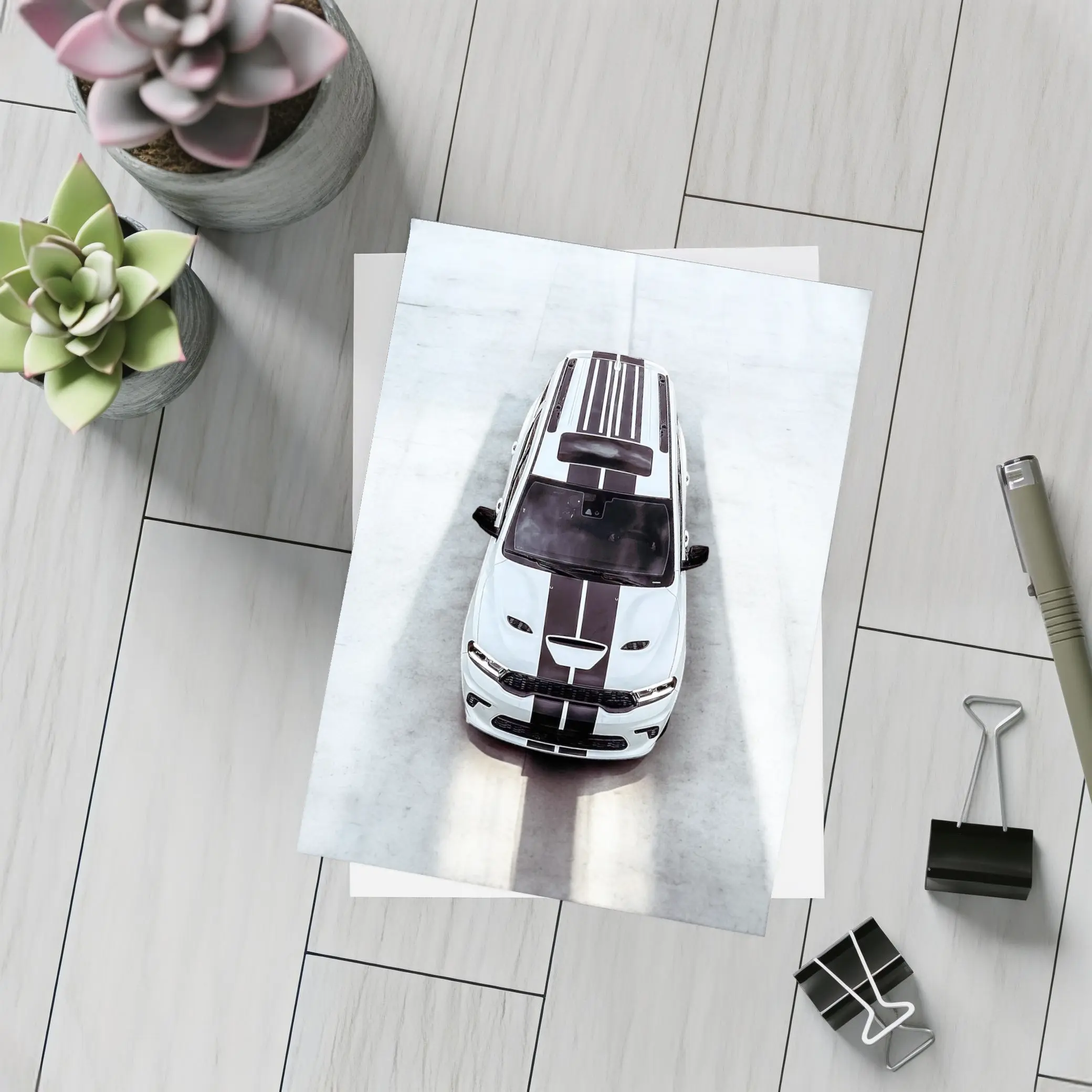 Dodge Durango SRT White Racing Stripes Overhead – Postcards
