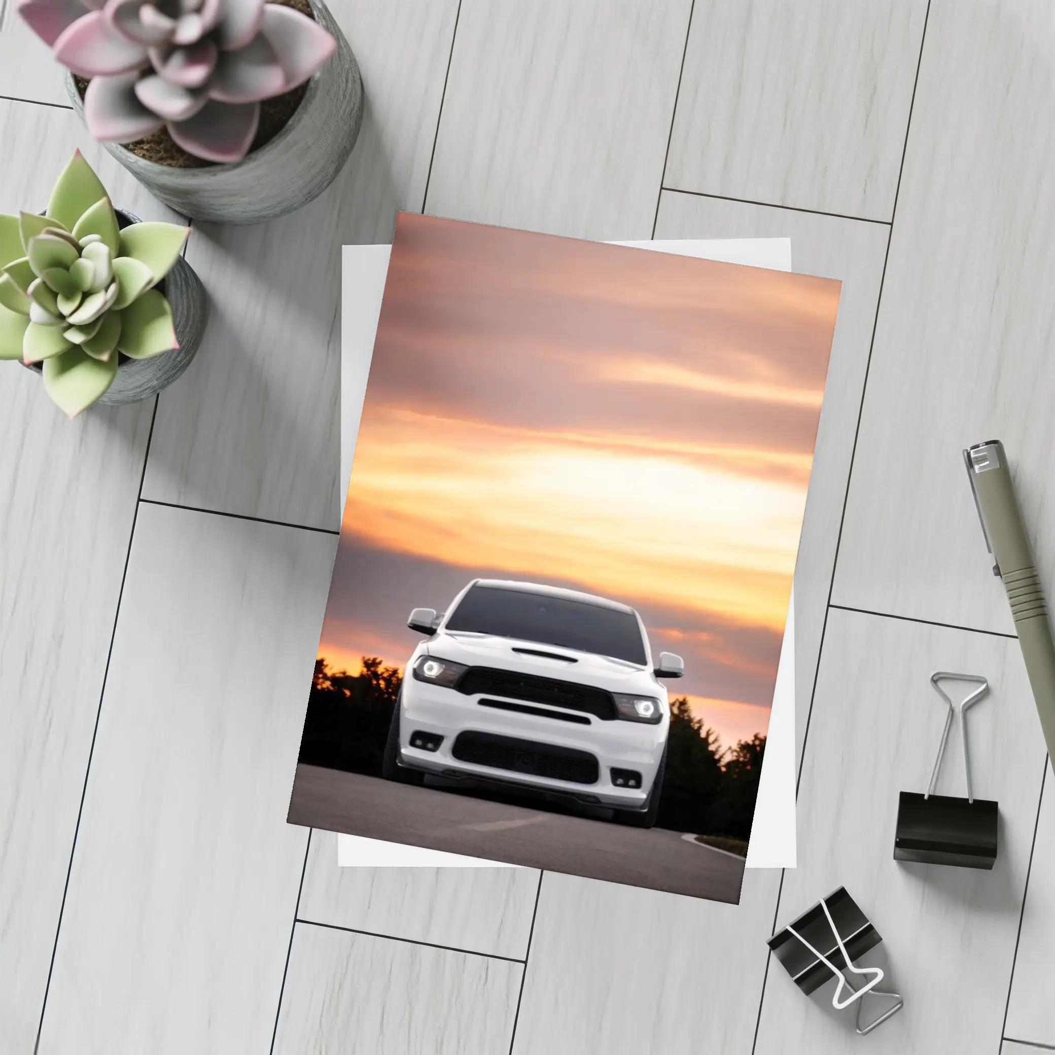 Dodge Durango White SUV Sunset Sky – Postcards