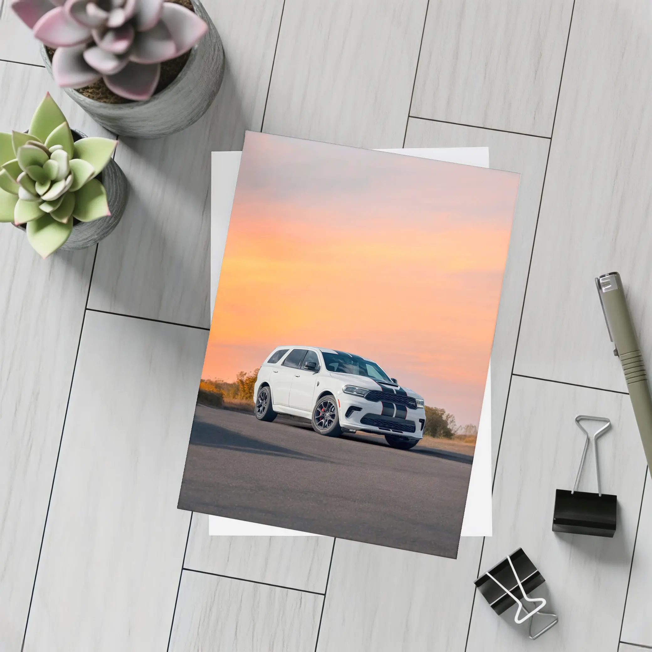 Dodge Durango White Stripes Sunset Sky – Postcards