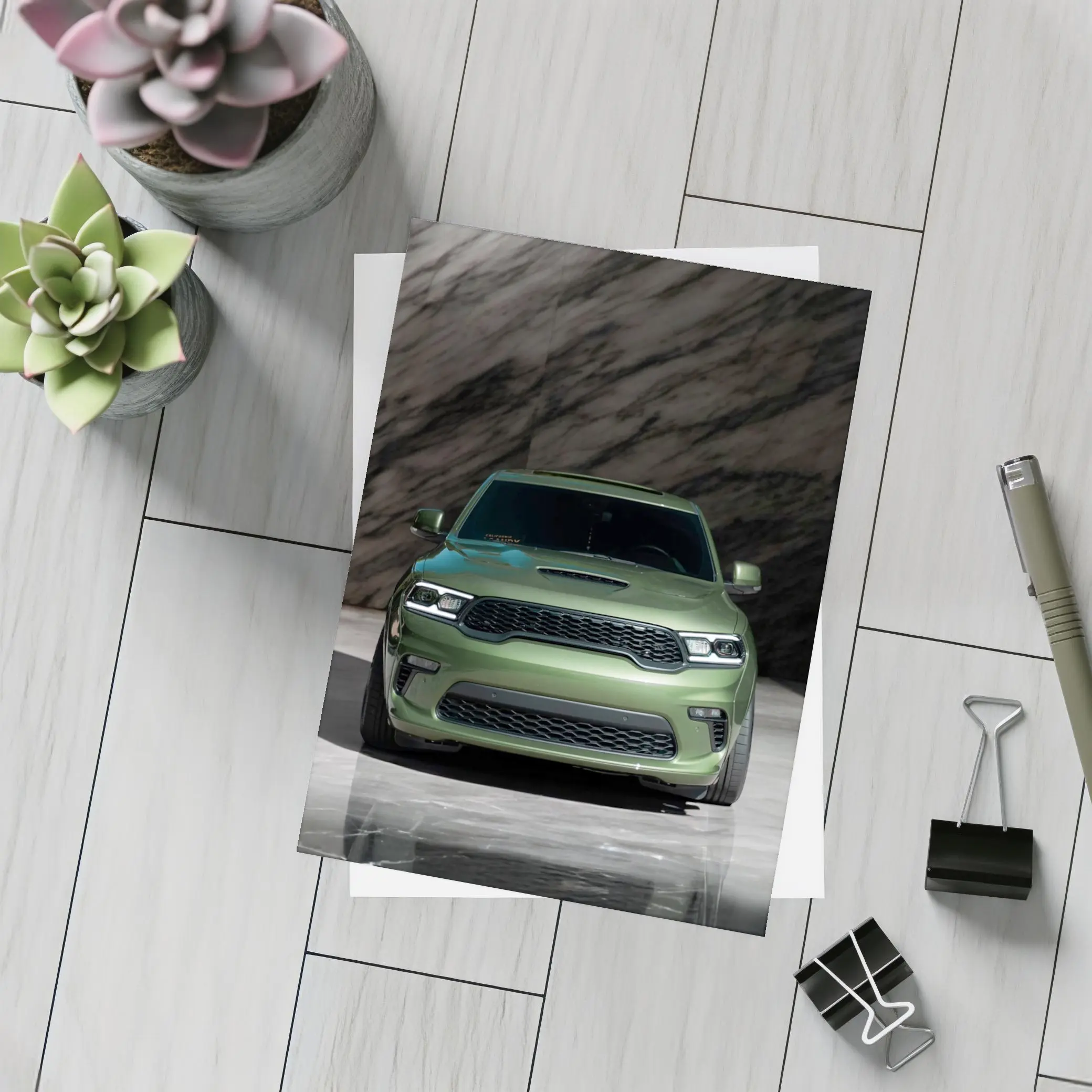 Dodge Durango Green Front View Marble Background – Postcards