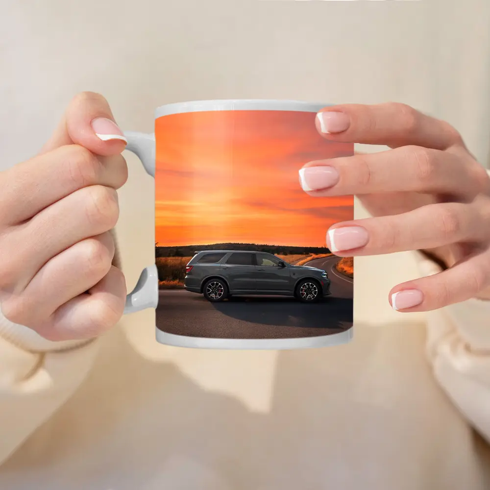 Dodge Durango Parked Road Fiery Sunset Sky – Mugs