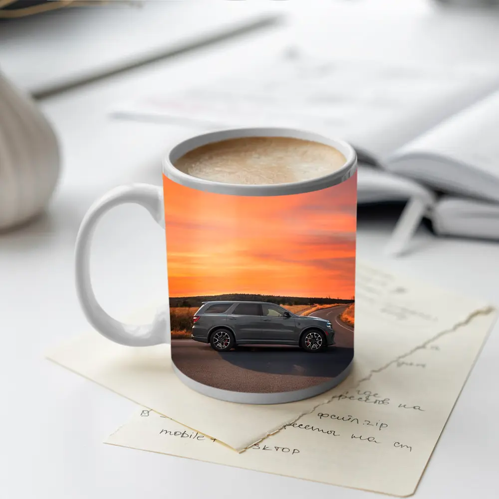 Dodge Durango Parked Road Fiery Sunset Sky – Mugs