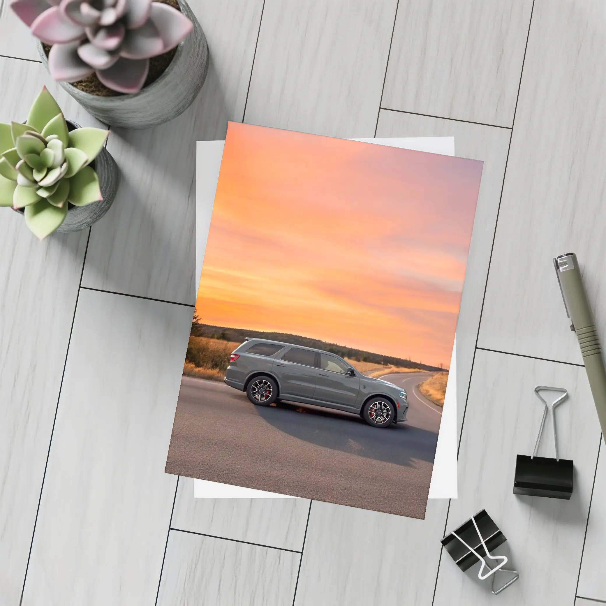 Dodge Durango Parked Road Fiery Sunset Sky – Postcards