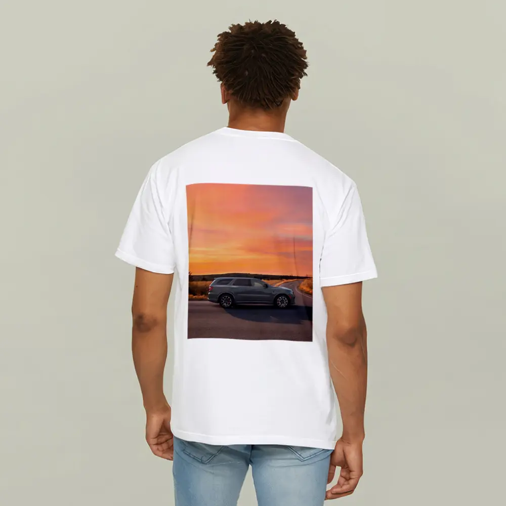 Dodge Durango Parked Road Fiery Sunset Sky – T-Shirts