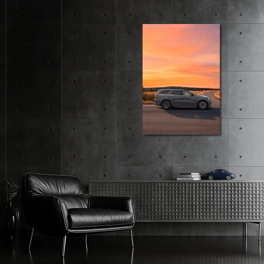 Dodge Durango Parked Road Fiery Sunset Sky – Wall Art