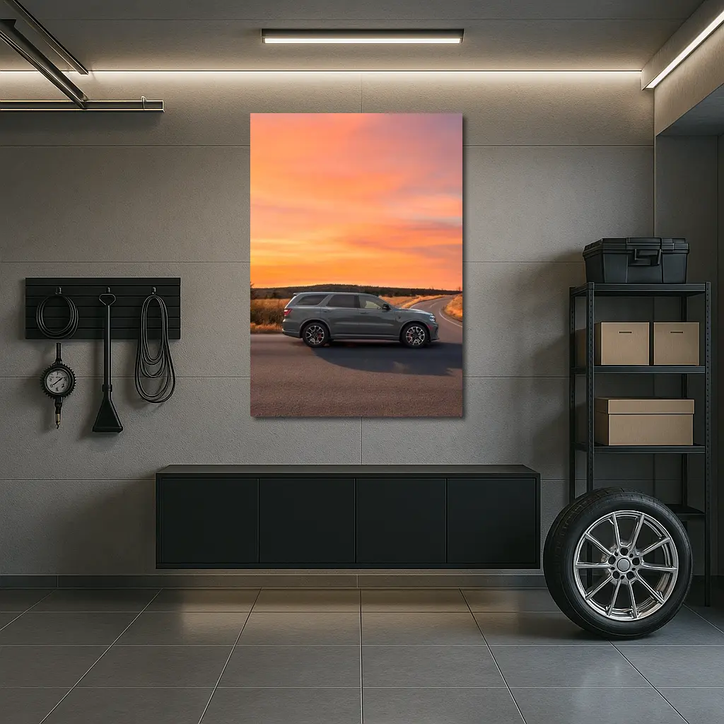 Dodge Durango Parked Road Fiery Sunset Sky – Wall Art