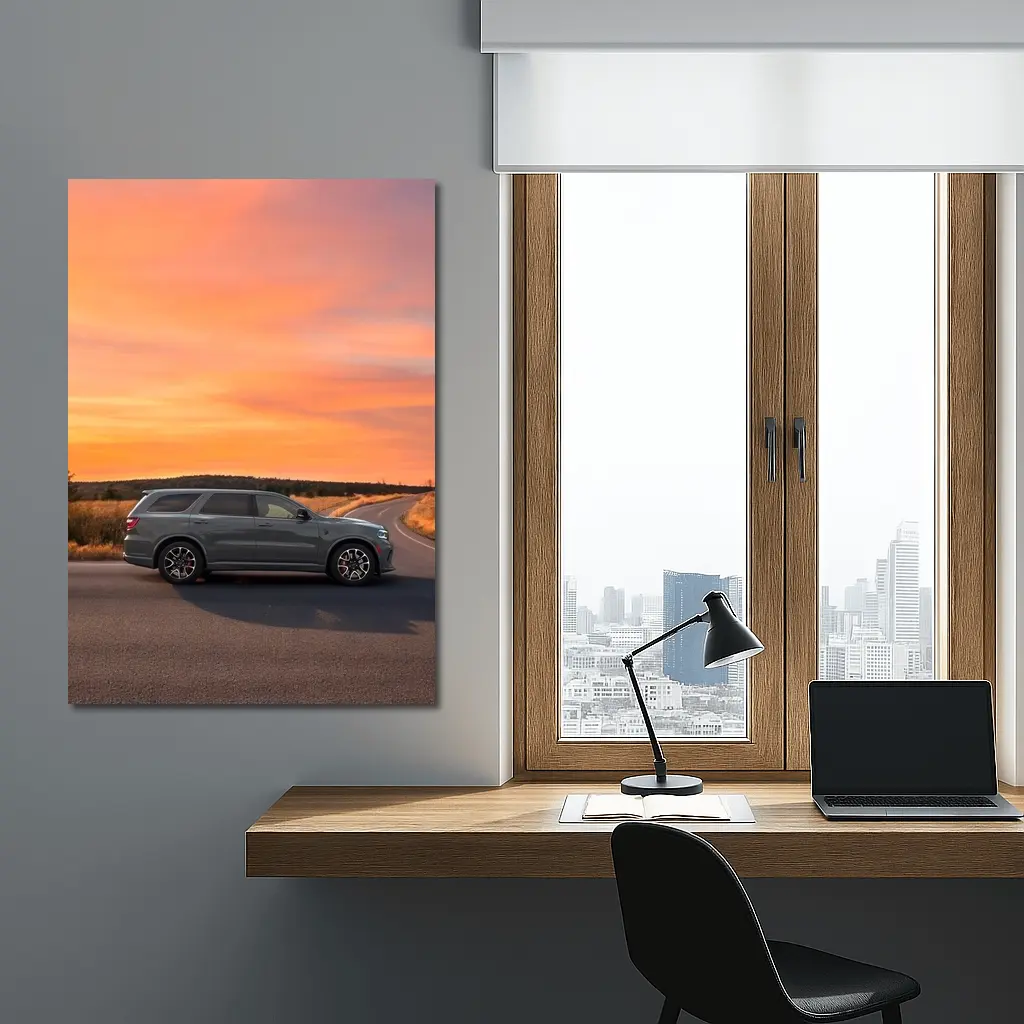 Dodge Durango Parked Road Fiery Sunset Sky – Wall Art