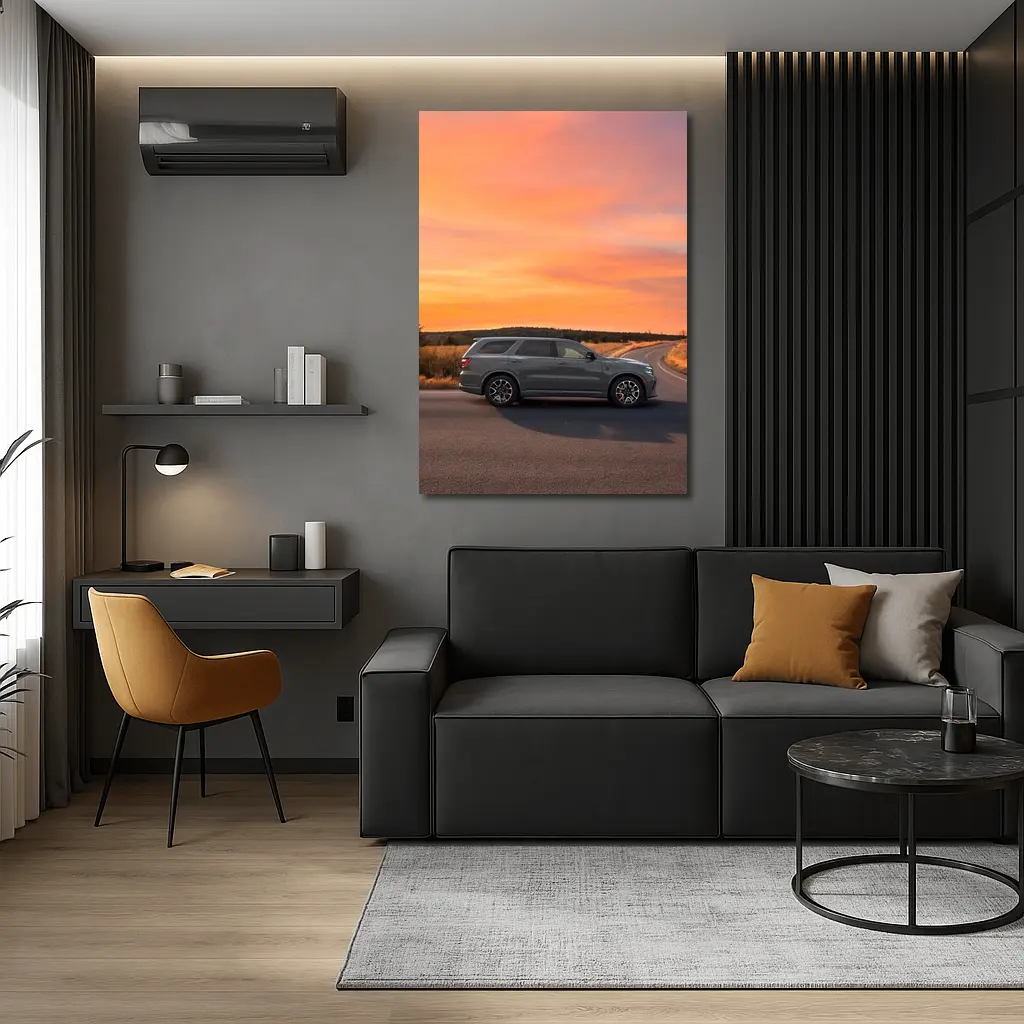 Dodge Durango Parked Road Fiery Sunset Sky – Wall Art