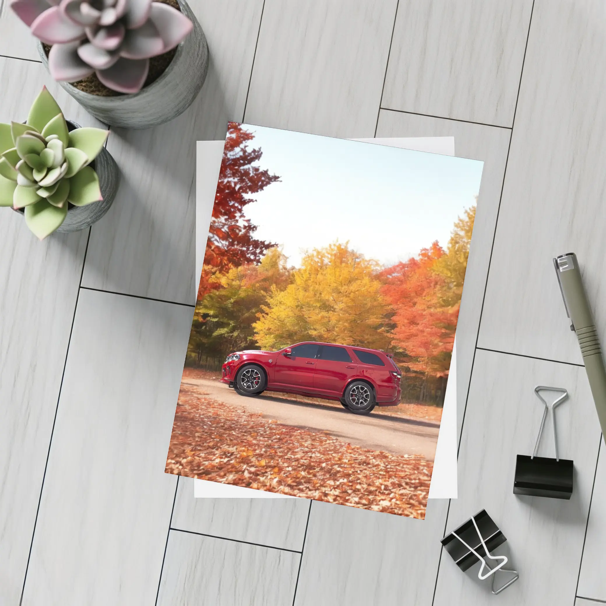 Dodge Durango Red SUV Autumn Forest – Postcards