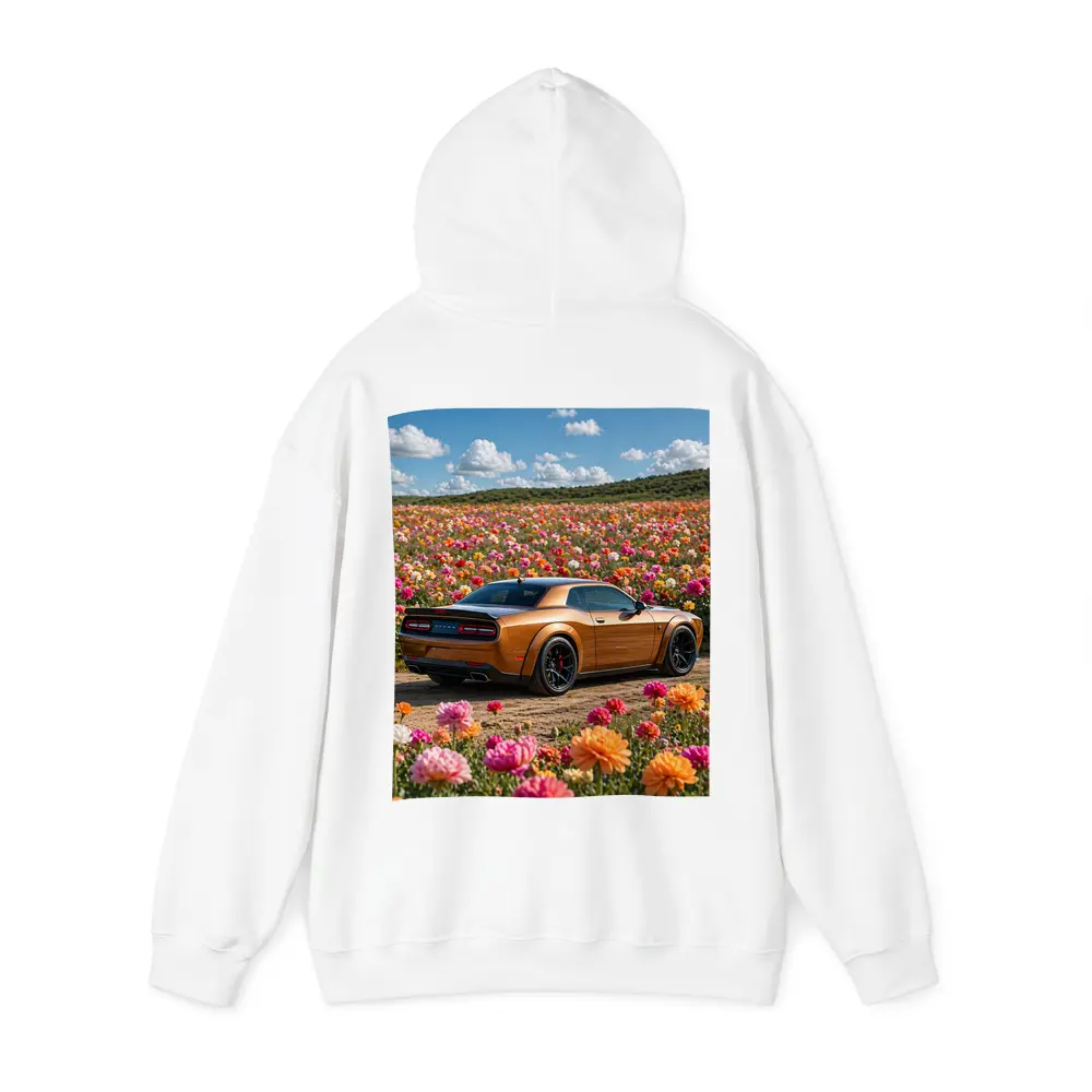 Dodge Challenger Hellcat Parked Among Colorful Flowers – Hoodies
