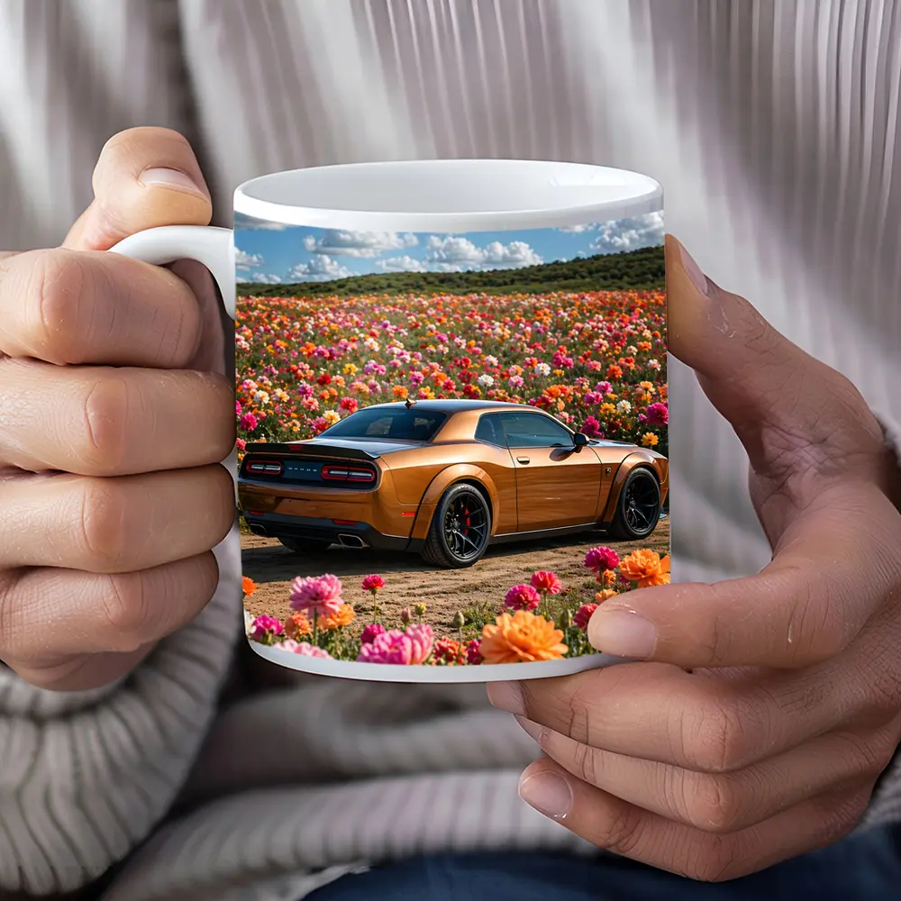 Dodge Challenger Hellcat Parked Among Colorful Flowers – Mugs