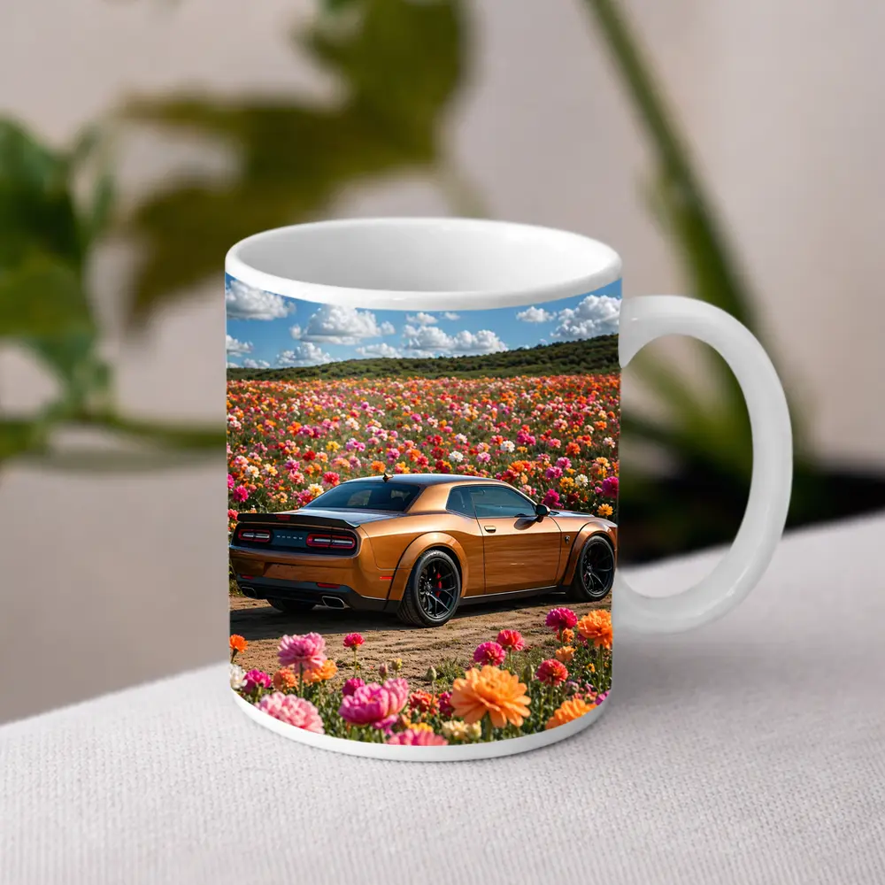 Dodge Challenger Hellcat Parked Among Colorful Flowers – Mugs